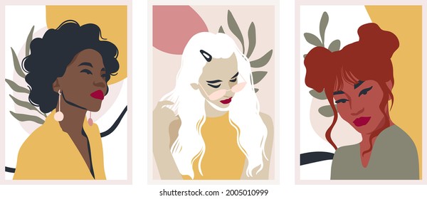 three stylish girls on a background of flowers