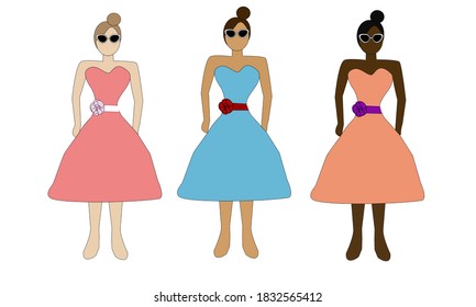 Three stylish girls in sunglasses and dresses. The have different colors of skin, hair and clothes.