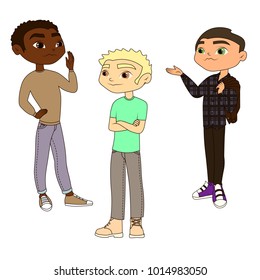 Three stylish guys. The men are talking. Friends communicate. Vector. Isolated.