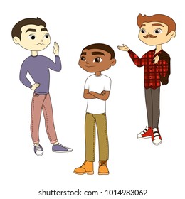 Three stylish guys. The men are talking. Friends communicate. Vector. Isolated.