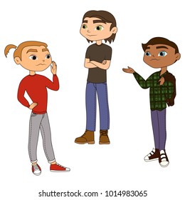 Three stylish guys. The men are talking. Friends communicate. Vector. Isolated.