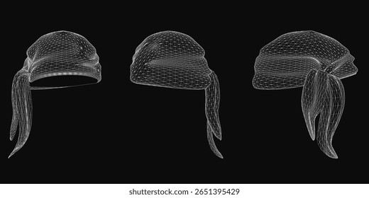 Three stylish hats arranged in a triangular formation on a black background, featuring a bandana-inspired design. The largest hat sits centrally, flanked by two smaller ones.