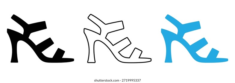 Tres zapatos de tacón alto con estilo en negro, blanco y azul, calzado femenino negro, símbolo de la silueta de los zapatos aislados sobre fondo blanco. Icono de línea de zapatos de tacón alto. Zapatos de tacón alto Vector. 