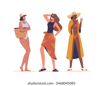 Three Stylish Women In Swimsuits Enjoying A Sunny Summer Day. Female Character Wearing Unique Beach Outfits