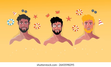 Tres hombres jóvenes con estilo nadando en el mar con Elementos de playa y la luz del sol