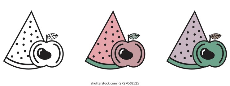 Tres ilustraciones estilísticas con una rebanada de sandía y una manzana en el contorno y versiones de colores