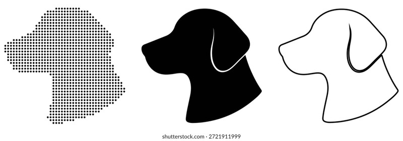 Three stylistic representations of a dog's head: dotted, silhouette, and outline forms
