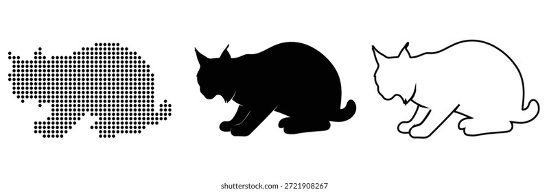 Tres representaciones estilísticas de un lince o un gato salvaje en una pose en cuclillas vigilante
