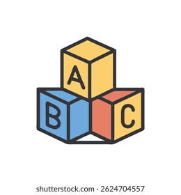 Três blocos ABC estilizados empilhados. Estilo gráfico plano com cores primárias alegres. Descreve a educação precoce e o desenvolvimento das crianças.