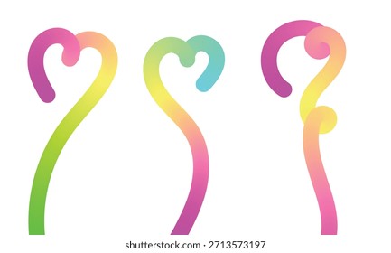 Tres formas estilizadas y abstractas en forma de corazón se representan en un gradiente de colores del arco iris sobre un fondo blanco liso.