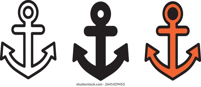 Three stylized anchor icons in various color and outline styles for maritime or nautical designs