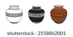 Three stylized ancient Greek pottery vases in black and white and color variations