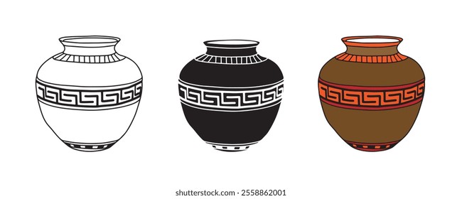 Three stylized ancient Greek pottery vases in black and white and color variations