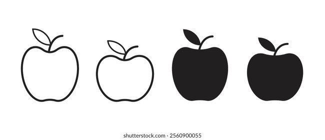 Three stylized apple icons. Simple apple icon and one outlined in black. Editable and scalable.