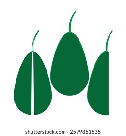 Three stylized avocado halves in a vibrant green color.