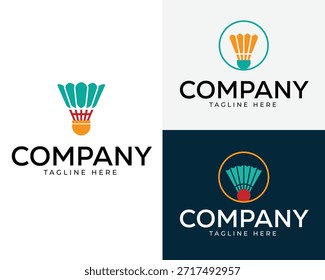 Three stylized badminton shuttlecock logos in teal orange and red with company text on white and dark blue backgrounds.