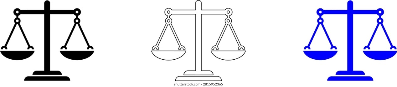 Three stylized balance scale icons in black, white and blue isolated on transparent background, Vector