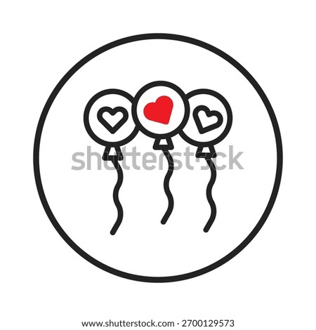 Three stylized balloons decorated with hearts float within a circular frame, conveying a sense of romance, festivity, and celebration. The graphic is simple yet impactful, perfect for invitations,