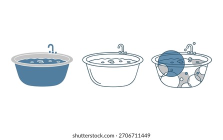 Three stylized bathtubs with water and bubbles in blue and gray.