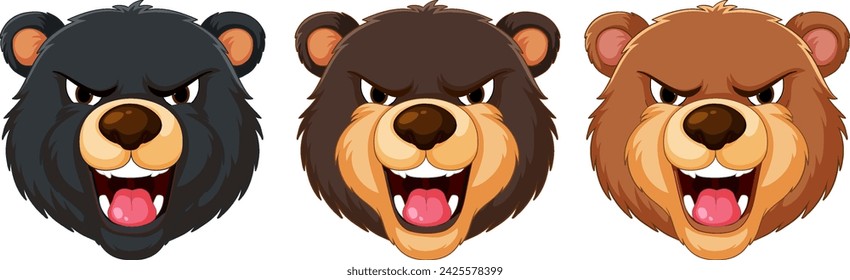 Three stylized bear heads showing different expressions.