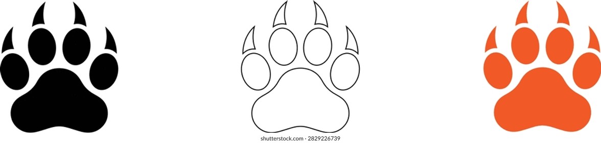 Three stylized bear paw prints in different colors isolated on transparent background, Vector