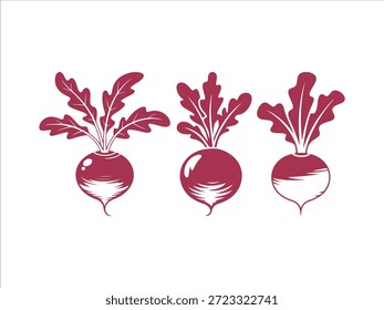 Tres remolachas estilizadas con hojas en alimento vegetal de raíz de remolacha roja y blanca profunda
