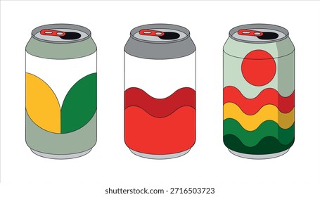 Drei stilisierte Getränkedosen mit abstrakten Designs und roten Zuglaschen trinken Limonade