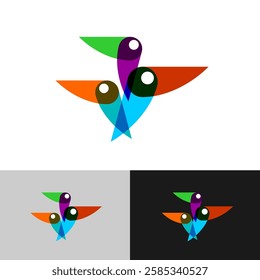 Three stylized birds overlay logo. Fun vibrant color tropical bird animals symbol. Pet shop, exhibition or zoo sign. Transparency are flattened.