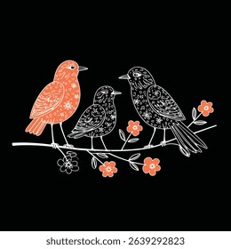 Three stylized birds perch on a flowering branch against a black background, featuring intricate white line art and orange accents.
