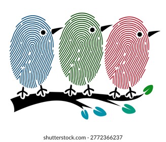 Three stylized birds perch on a dark branch. Each bird has a fingerprint pattern in blue, green, and red. Tiny black eyes and beaks complete their simple faces