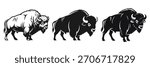 Three stylized bison stand side by side in a graphic black and white illustration for use in logo design or wildlife projects