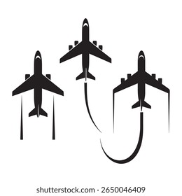 Three stylized black airplane silhouettes, isolated on white background, depict takeoff and flight. Simple, bold design conveys speed and travel, ideal for modern branding and travel marketing.