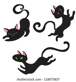 three stylized black cats in motion on a white background