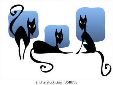 Three stylized black cats on a background of the night sky.