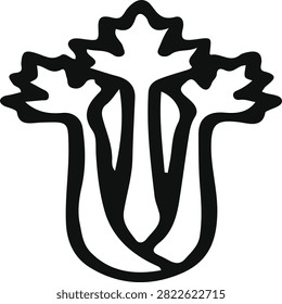 Three stylized black outline flower stems with petals growing upward