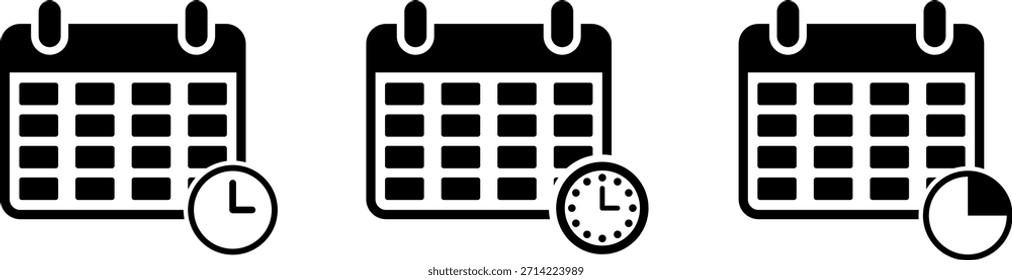 Tres iconos de calendario estilizados en blanco y negro se muestran uno al lado del otro, cada uno con un gráfico de reloj o temporizador superpuesto.