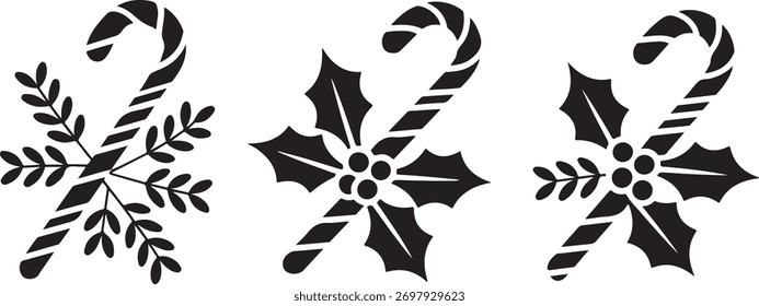 Tres iconos de Navidad estilizados en blanco y negro que incluyen un copo de nieve y dos ramas de acebo con bastones de caramelo