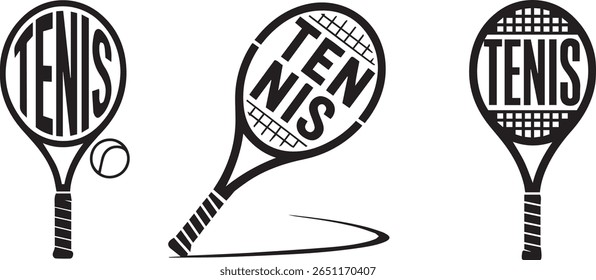 Three stylized black and white tennis rackets, each featuring the word "TENIS" integrated into the head. One racket has a tennis ball, another shows a curved line suggesting motion.