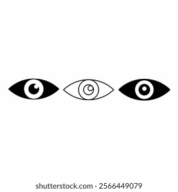 Three stylized black-and-white eye designs: solid, spiral, and outline. Minimalist and symbolic, ideal for logos, illustrations, icon or visual identity projects