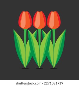 Three stylized blooming tulips done in a stencil-like style.