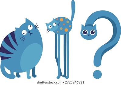 Three stylized blue cats, one shaped like a question mark, on a white background. Whimsical and playful illustration.
