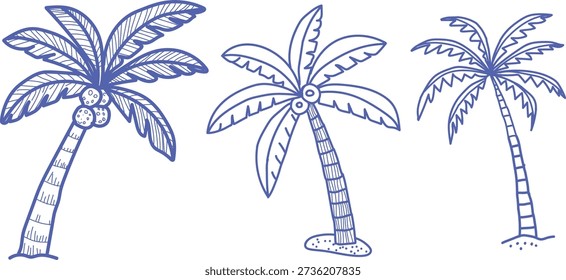 Three stylized blue ink drawings of different palm trees showcase tropical flora suitable for warm weather advertising or beach-themed project decoration.