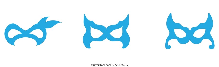 Drei stilisierte blaue Superhelden- oder Maskeradensymbole auf weißem Hintergrund