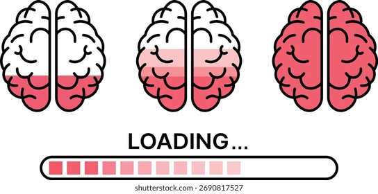 Three stylized brains with loading bar and text progress concept
