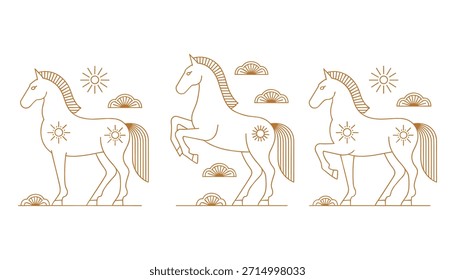 Three stylized brown line horses with sun and cloud motifs on a white background equine animal line outline