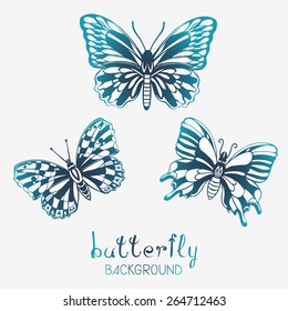 Three stylized butterflies. Decorative background with original hand drawn insects. Copy space. Template for greeting card, invitation or poster. Vector file is EPS8. 