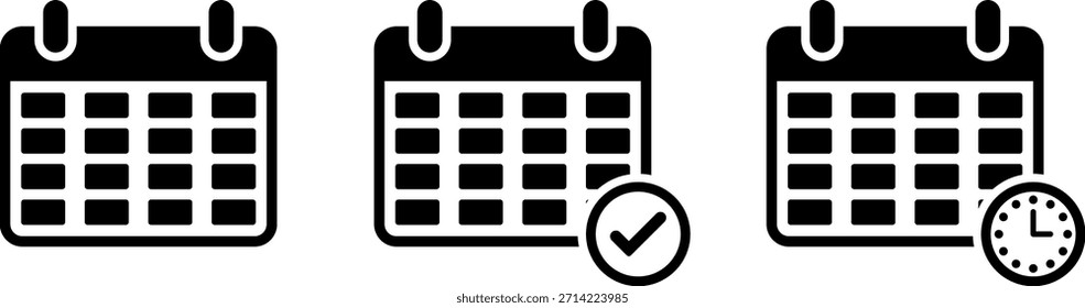 Tres iconos de calendario estilizados, uno con una marca de verificación y otro con un reloj, que representan la programación y los plazos.