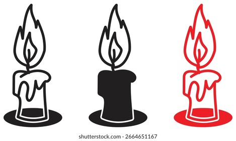 Three Stylized Candle Flame Icons in Black and Red Outline.