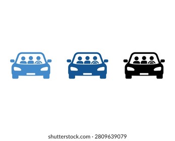 Three stylized car icons showing silhouettes of people inside the vehicle in blue and black