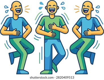 Three stylized cartoon men laughing hysterically with expressive action lines on a white background vector illustration